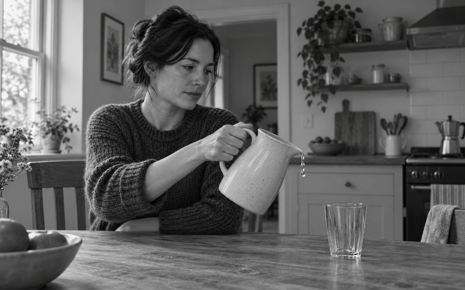 A woman holds a tilted ceramic jug over a kitchen table, with a short vertical thread of water hanging from its lip and an empty glass to the right.