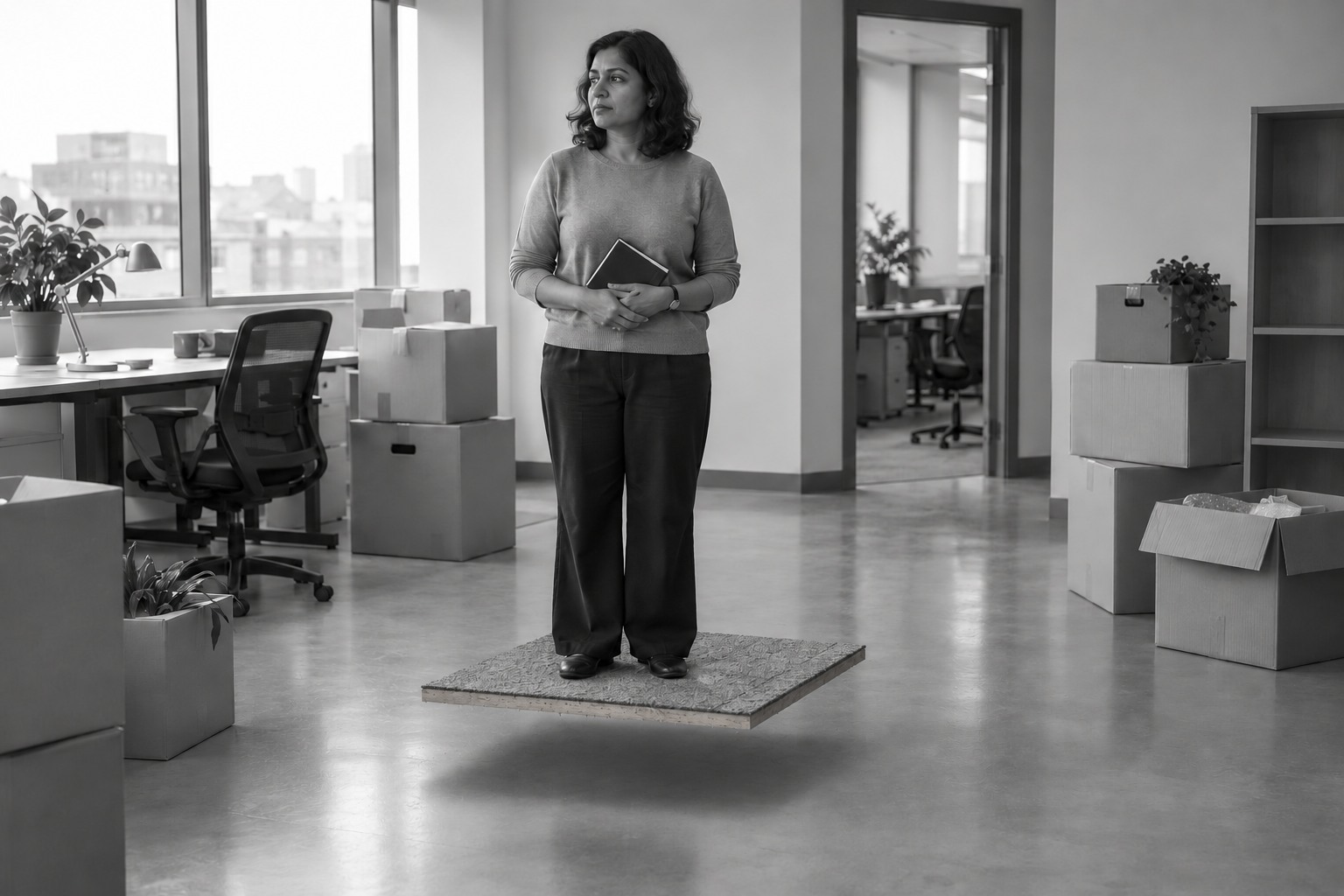 A woman stands among moving boxes on a small carpeted section of floor suspended just above the surrounding office floor.