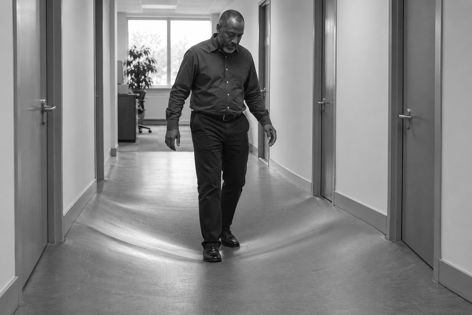 A man pauses in an office corridor where the continuous lino floor sags into a broad shallow valley beneath his feet.