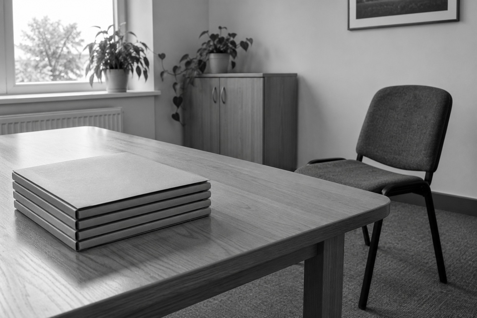 A neat stack of unlabelled folders sits on a meeting table beside an empty chair pushed back at an angle.
