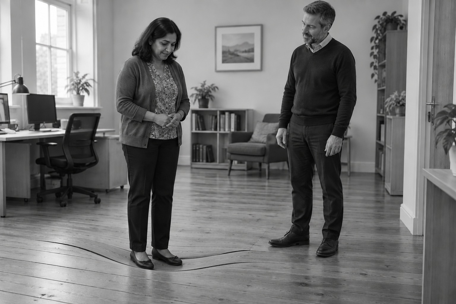 A woman stands on one wooden floorboard that bows beneath her feet while a colleague stands nearby on the flat surrounding floor.