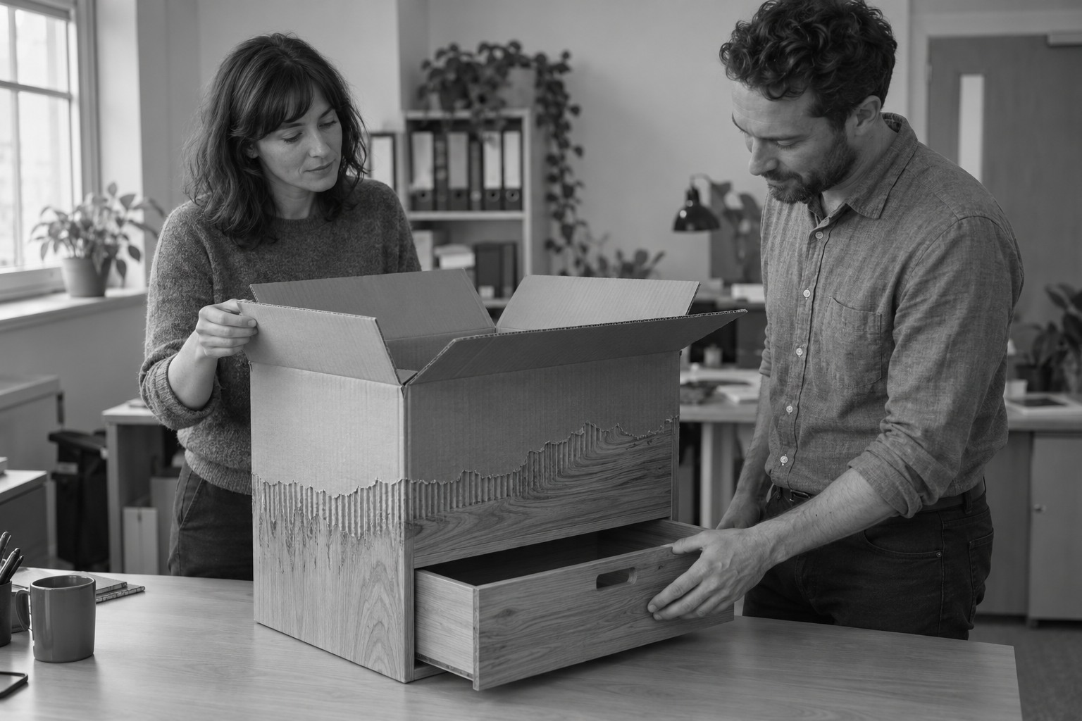 Two colleagues hold an open moving box whose lower half has become a wooden cabinet with a drawer.