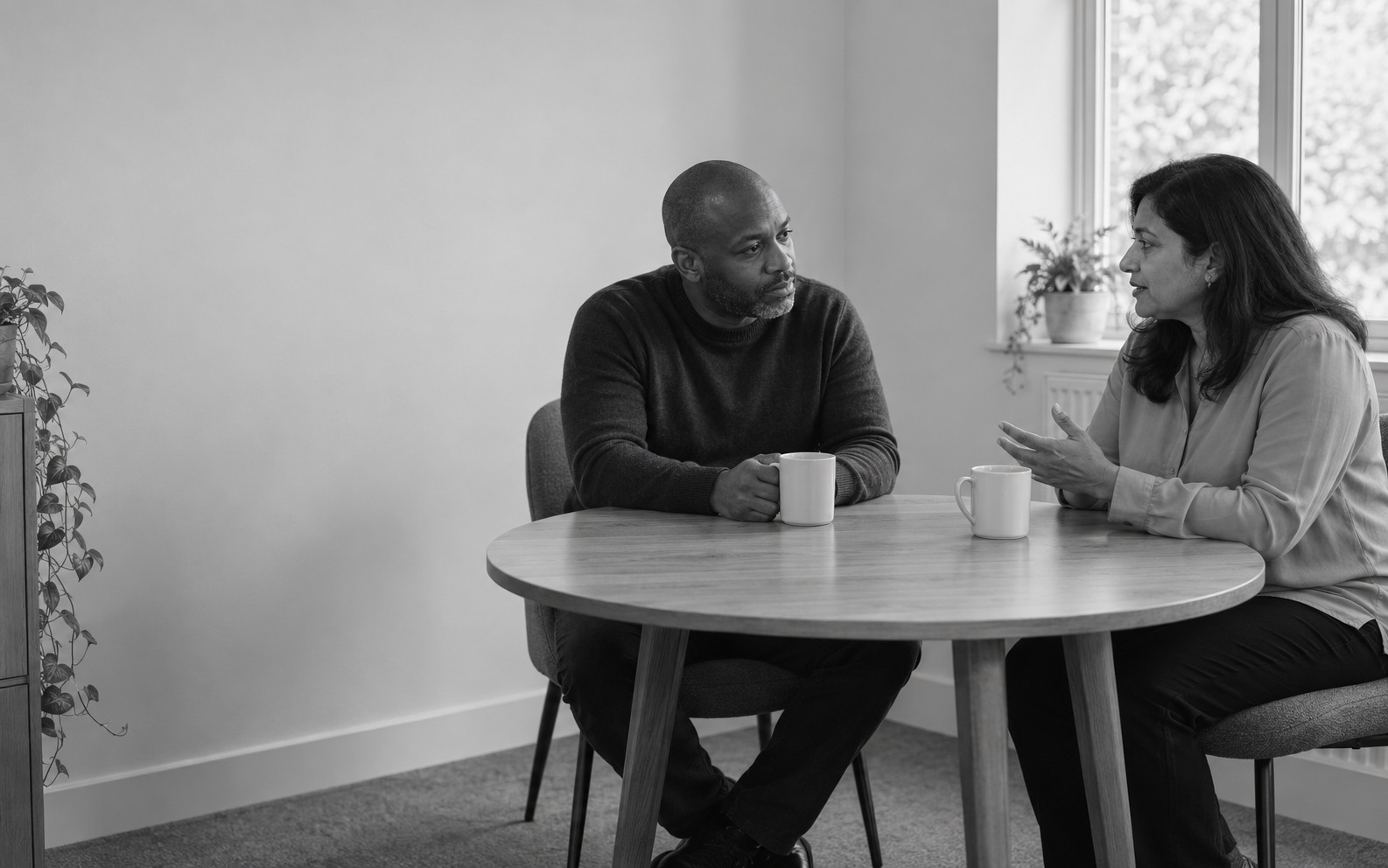 Two adults talk across a small round wooden table with one plain mug in front of each person.