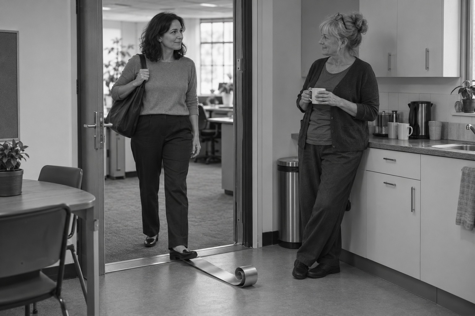 A woman approaches a colleague in an office kitchen as a raised metal threshold unrolls flat across the floor.