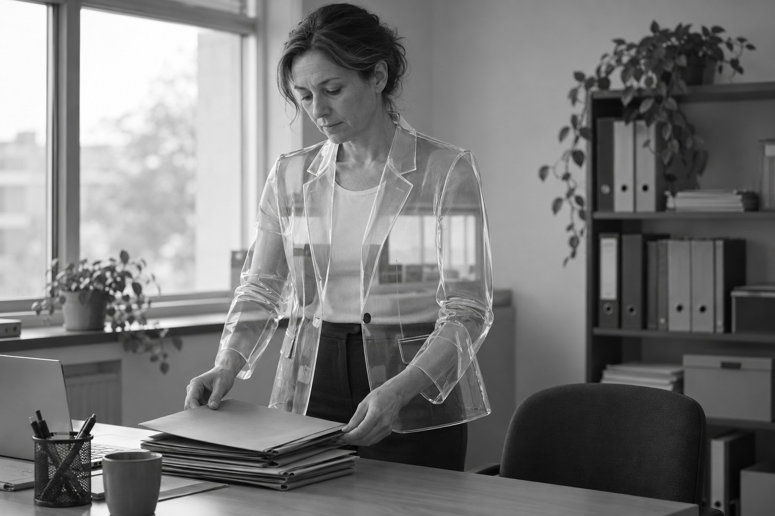 A woman arranges plain folders at an office desk while the room behind her is visible through her transparent jacket.