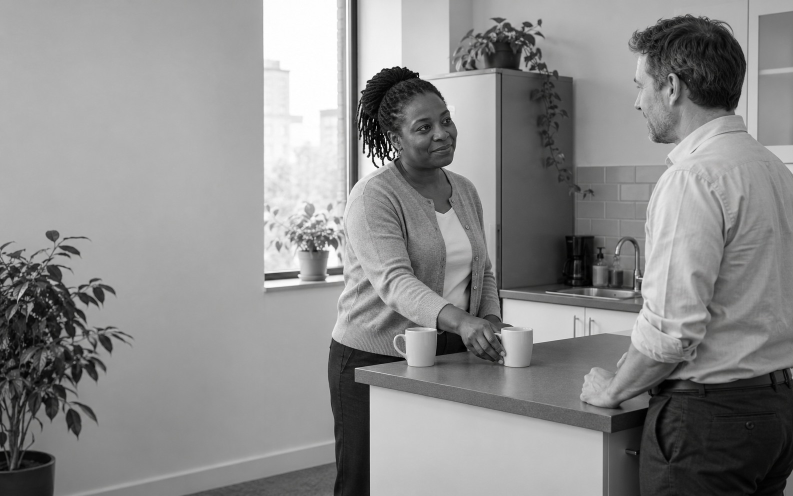 Two adults stand at an office kitchen counter, with the woman resting her hand on one of two plain mugs.