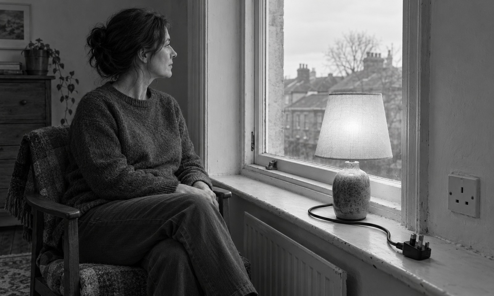 A woman sits by a window beside a glowing table lamp. Its cable ends in a three-pin plug resting on the sill beside an empty socket.