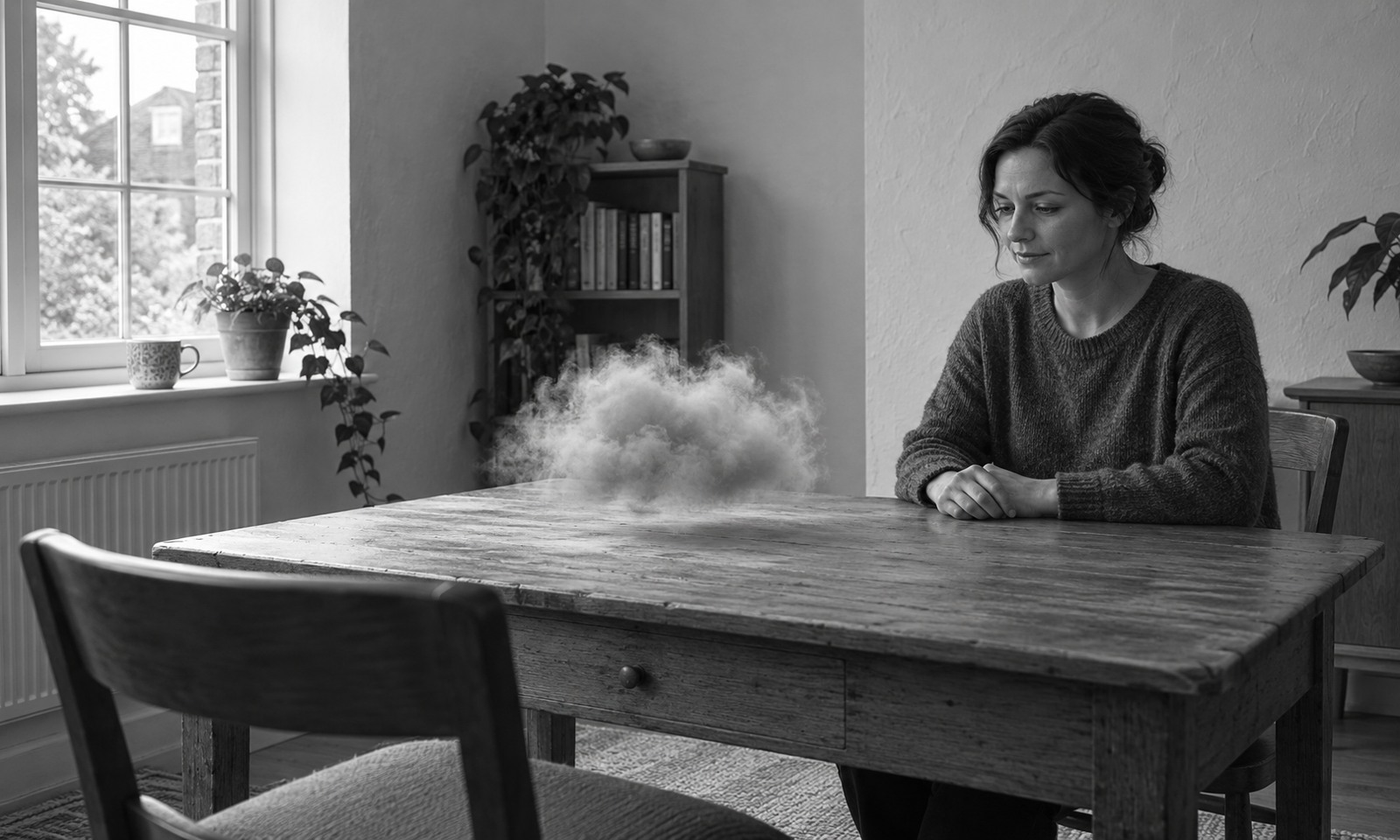 A woman sits calmly at a wooden table with a small cloud suspended above its surface.