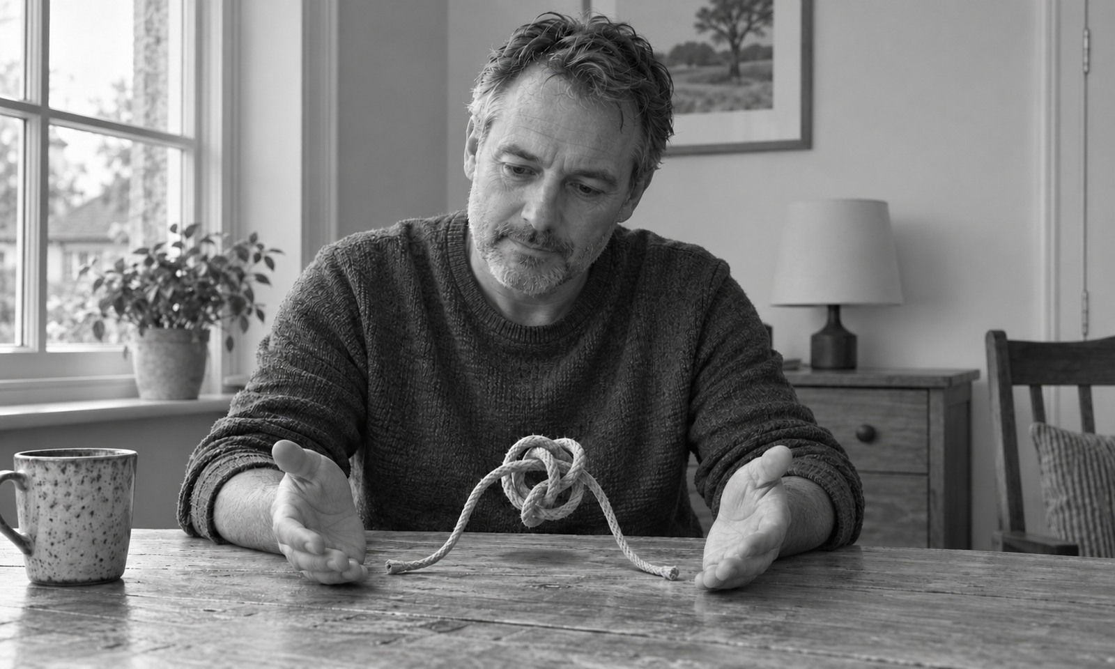 A man sits at a table with his palms open beside a loose cotton knot suspended above the wood; both cord ends rest on the surface.