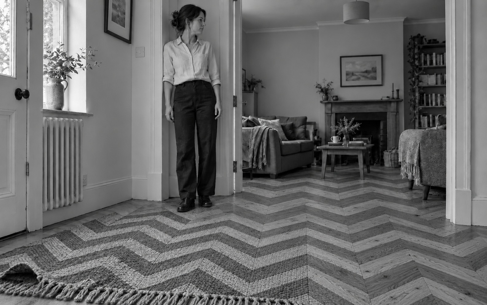 A woman stands in a doorway above a chevron-patterned floor that changes from a loose fringed woven rug in the foreground to fitted wooden parquet beyond.