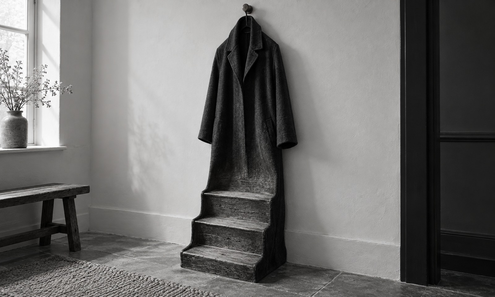 A dark coat hangs from a wall hook, its lower half continuing into a small flight of wooden steps.
