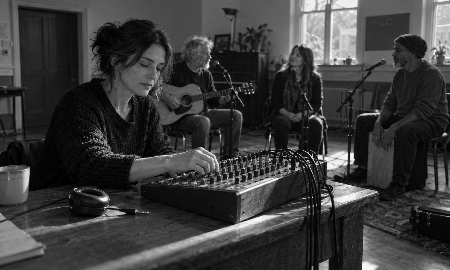 A woman adjusts a mixing desk for three musicians at their microphones; beside her hand, her own headphone lies unplugged.