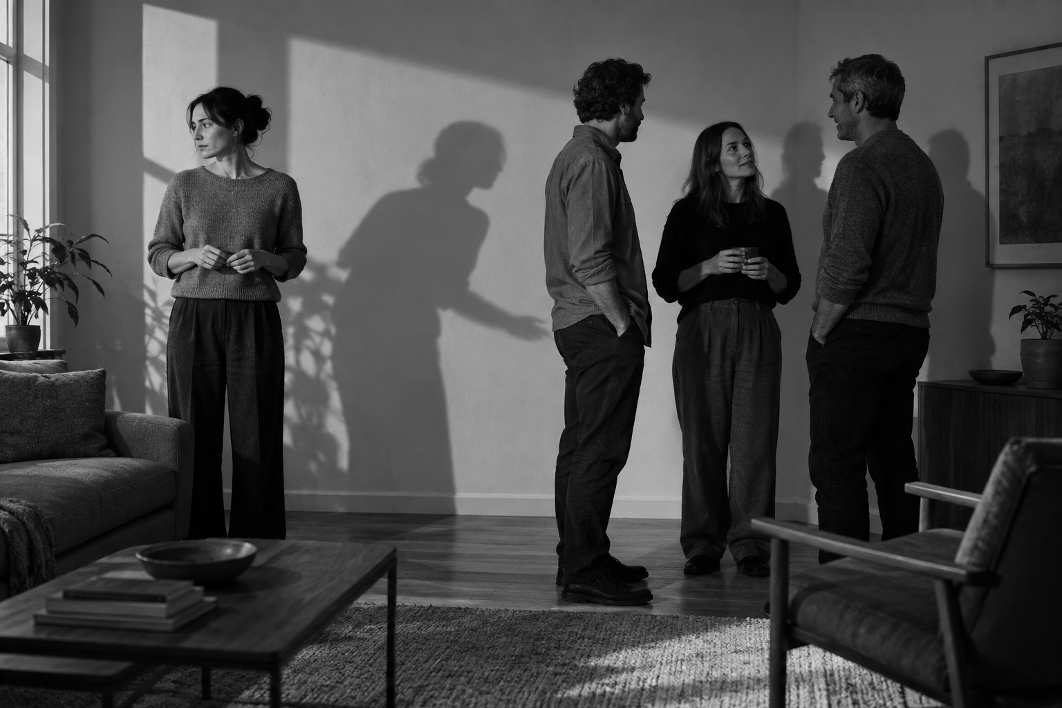 A woman stands apart by a window while three people talk across the room; her shadow turns away from her and reaches toward their conversation.