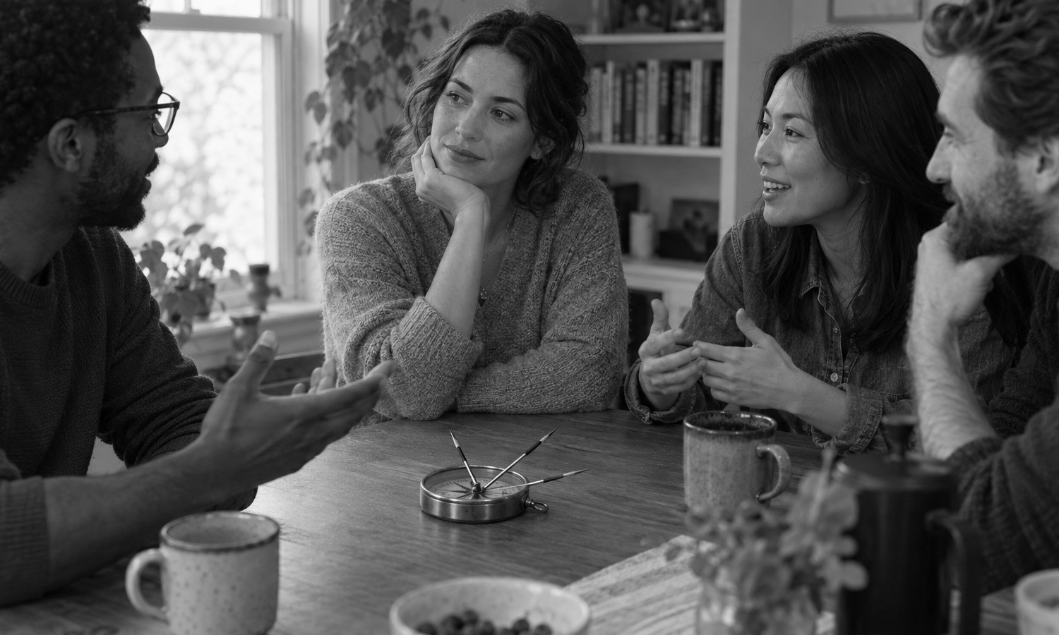 Four friends sit around a table where a brass compass before one woman has divided into three needles, each pointing a different way.