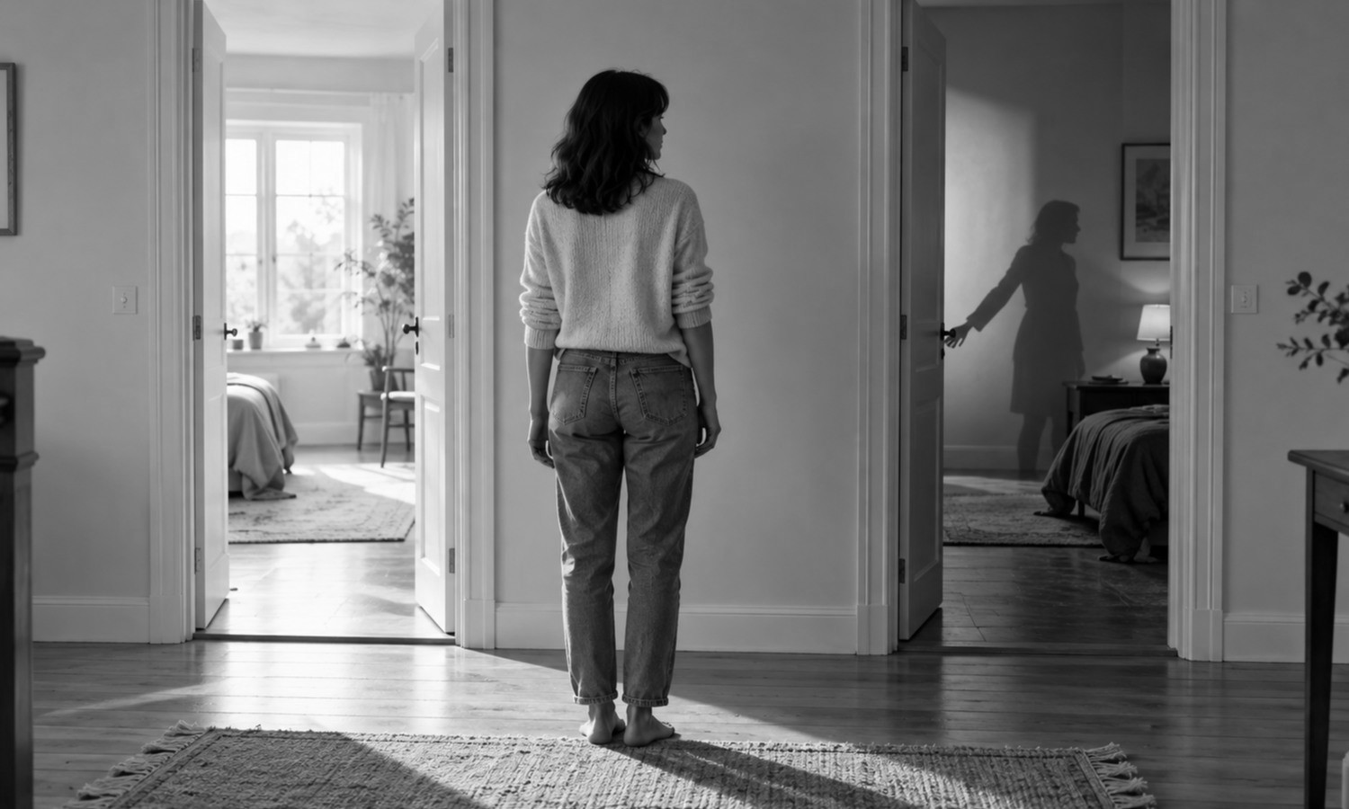 A woman stands barefoot facing two open doorways; through the right-hand one, her shadow is already in the far room, its hand on the door.
