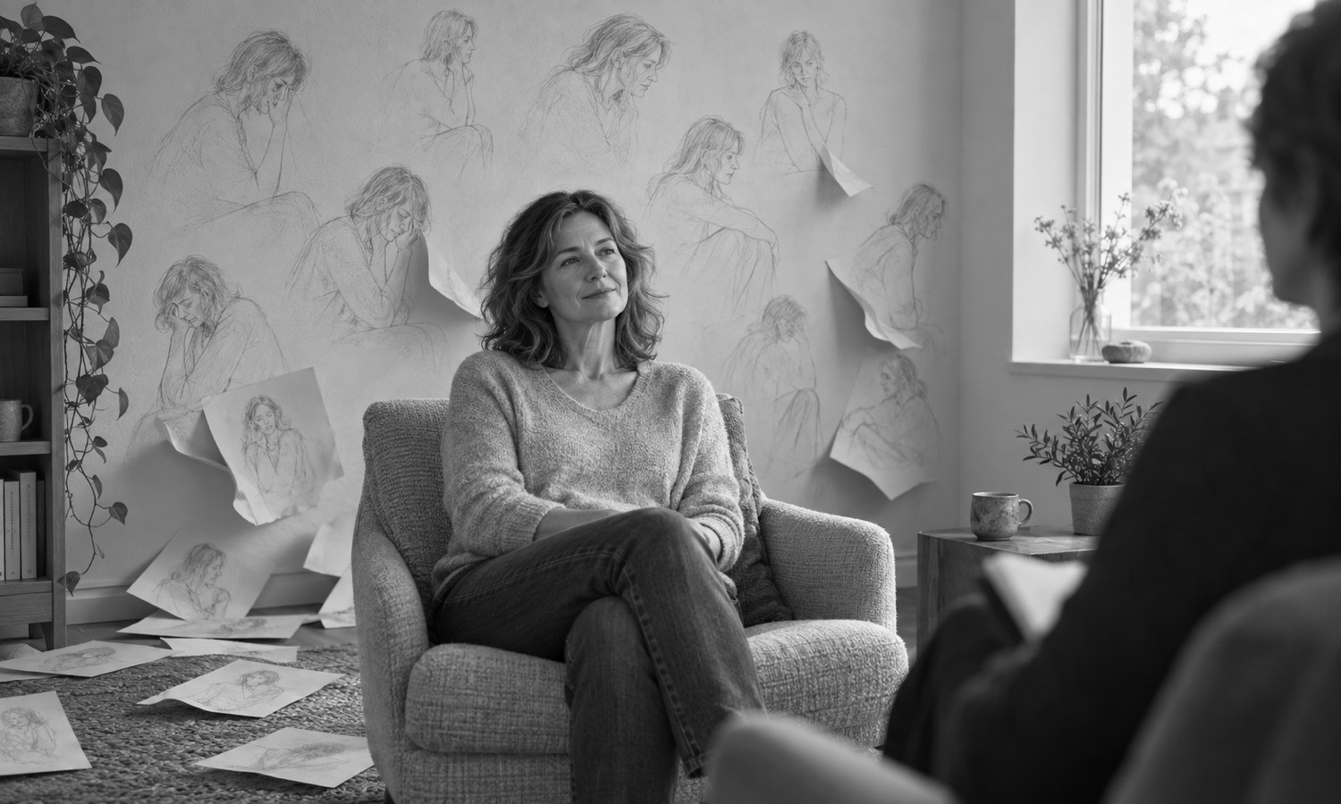 A woman sits at ease in an armchair; the wall behind her is covered in pencil drawings of a woman hunched and guarded, some peeling away and lying on the floor.