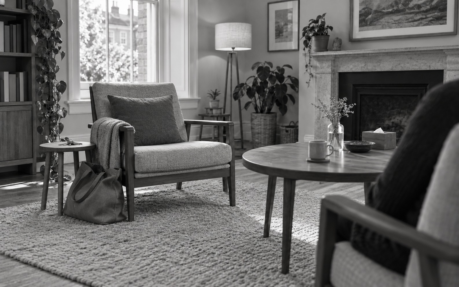 An empty upholstered chair sits beside a canvas bag and a small table with keys; part of a second seated person's back is visible at the right edge.