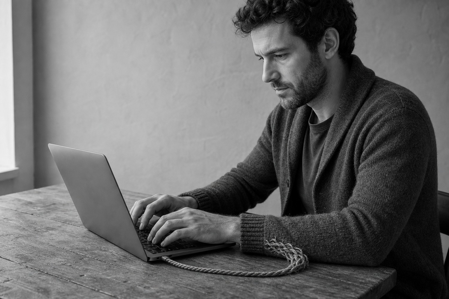 A man types at a laptop as loose fibres from his cardigan cuff twist into the laptop's braided power cable.