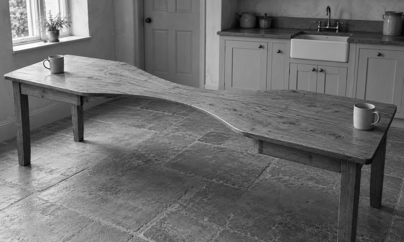 Two mugs stand at opposite ends of a wooden kitchen table whose middle narrows into a long stretched waist.