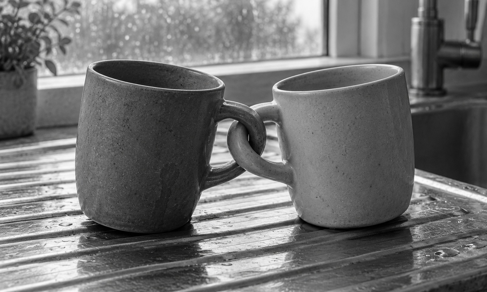 Two ceramic mugs lean apart on a draining board, their handles linked through one another.