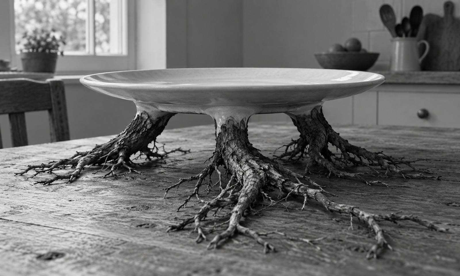 A ceramic dinner plate stands on three woody roots that spread across a wooden kitchen table.