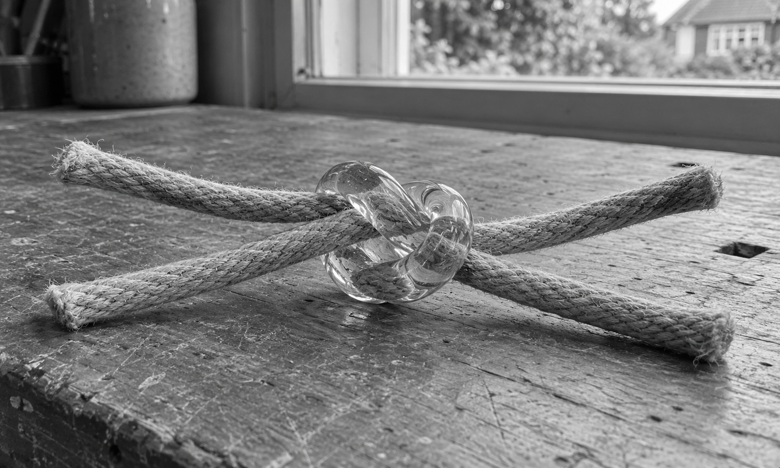 Four linen cord ends meet in a transparent glass knot on a wooden workbench.