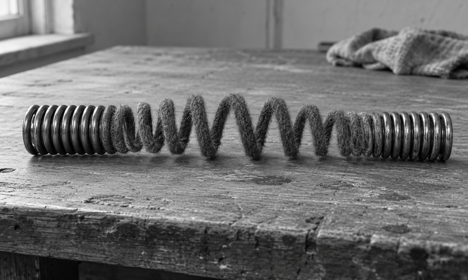 A metal spring lies on a table, its central coils opening into dark wool.