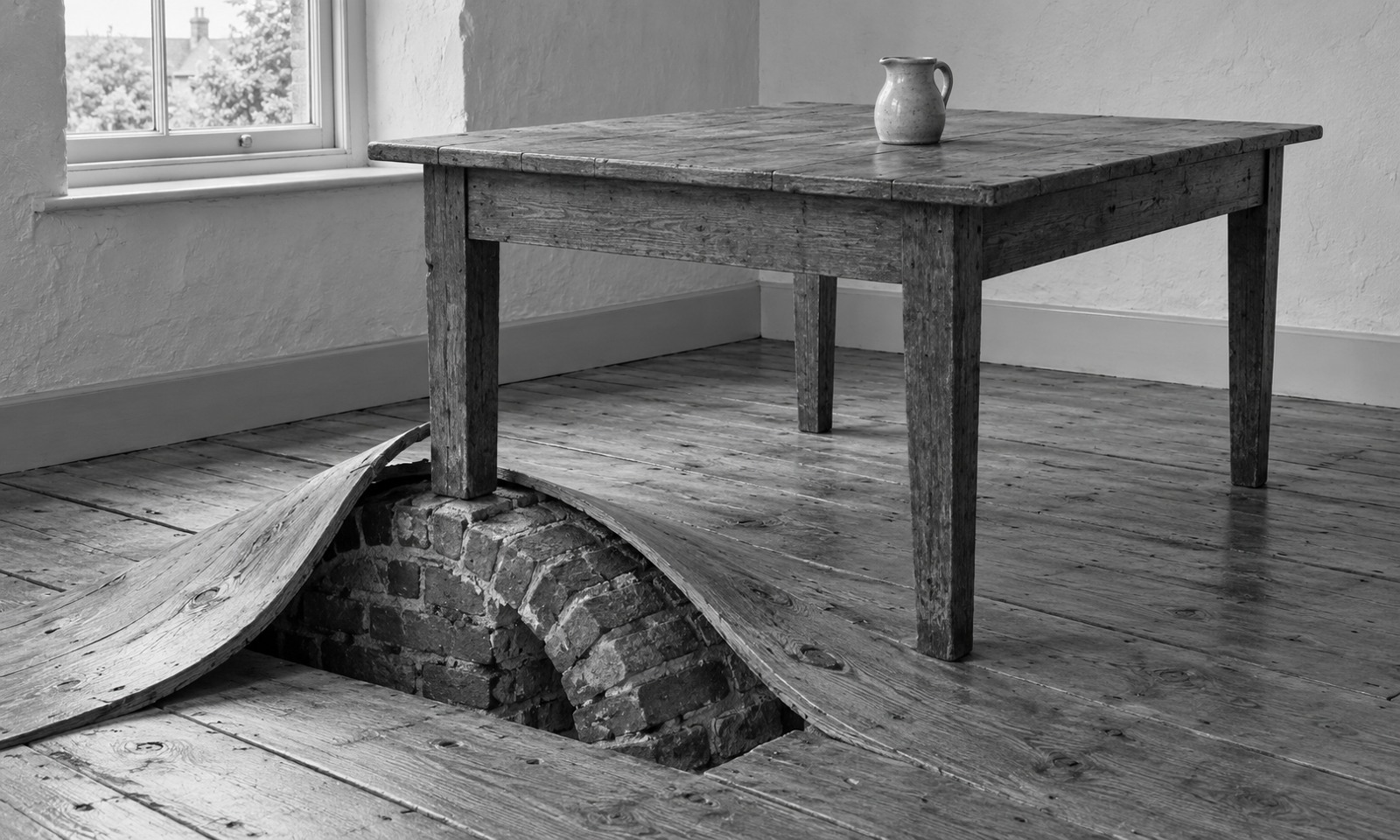 A wooden table stands with one leg on a brick arch exposed beneath curved floorboards.