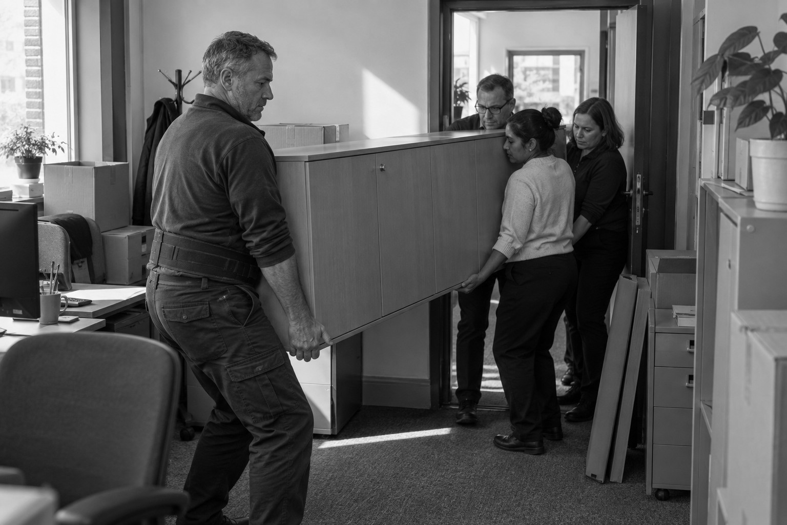 A man wearing a lifting belt carries one end of a long office cabinet while three colleagues struggle to guide the other end through a narrow obstructed doorway.