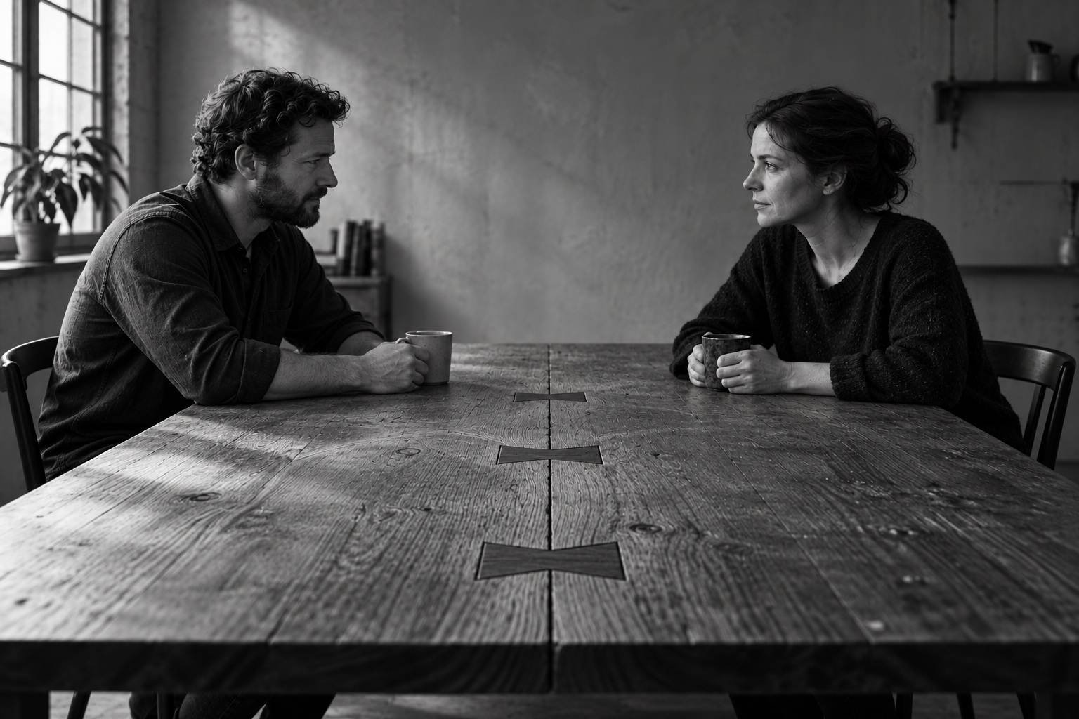 A man and woman face each other with mugs at a wooden table whose central seam is held together by three dark butterfly joints.
