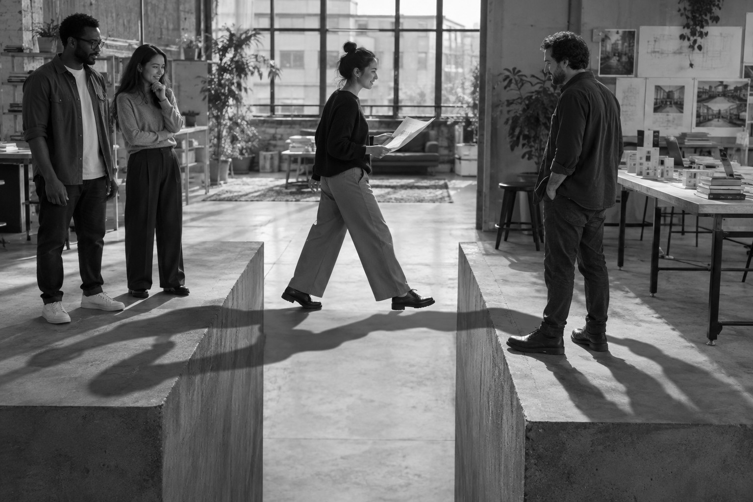 An employee steps across a gap between two office platforms while the shadows of three colleagues join beneath her to form a bridge.