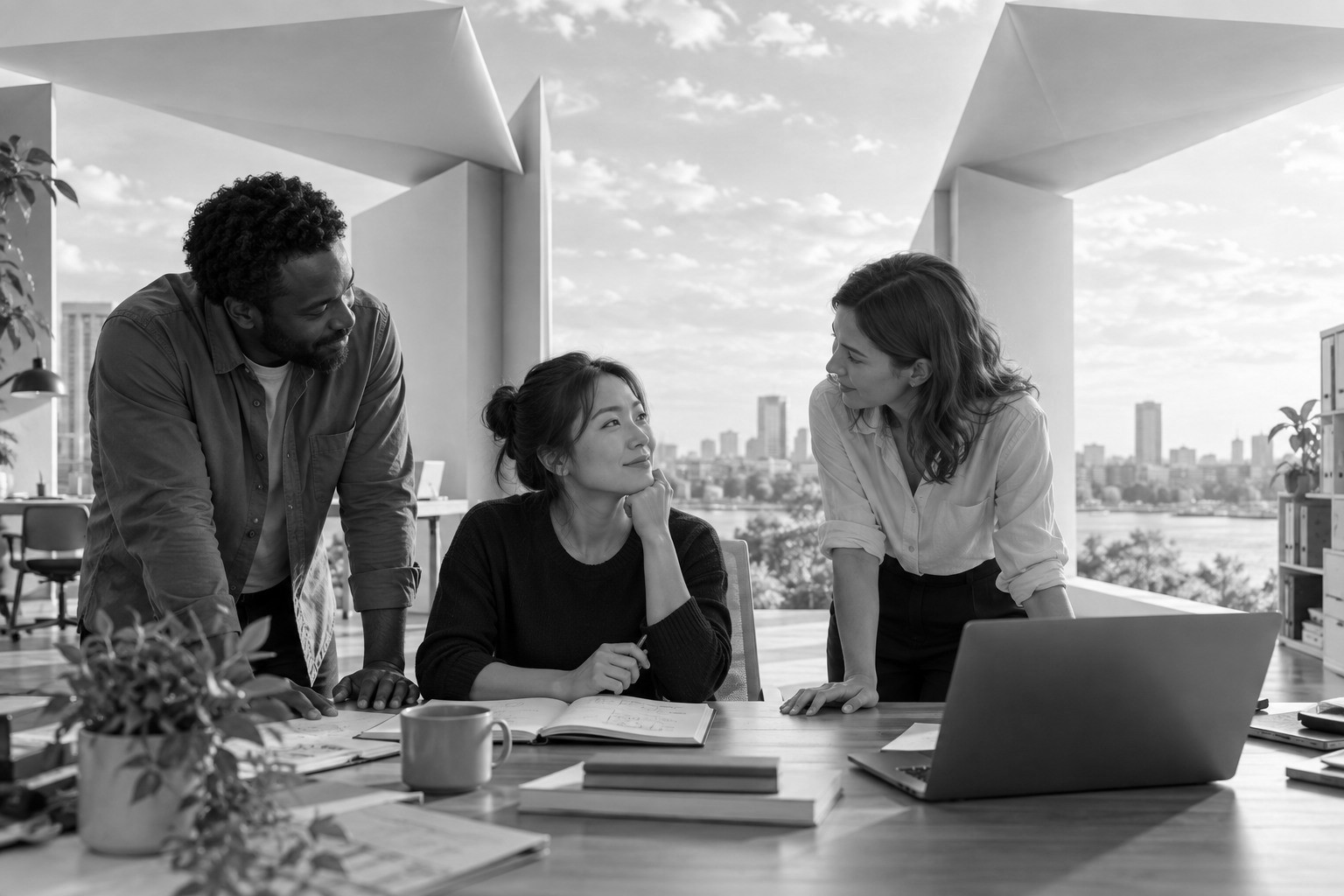 Three colleagues meet around a desk as the office walls unfold outward to reveal open daylight and space.