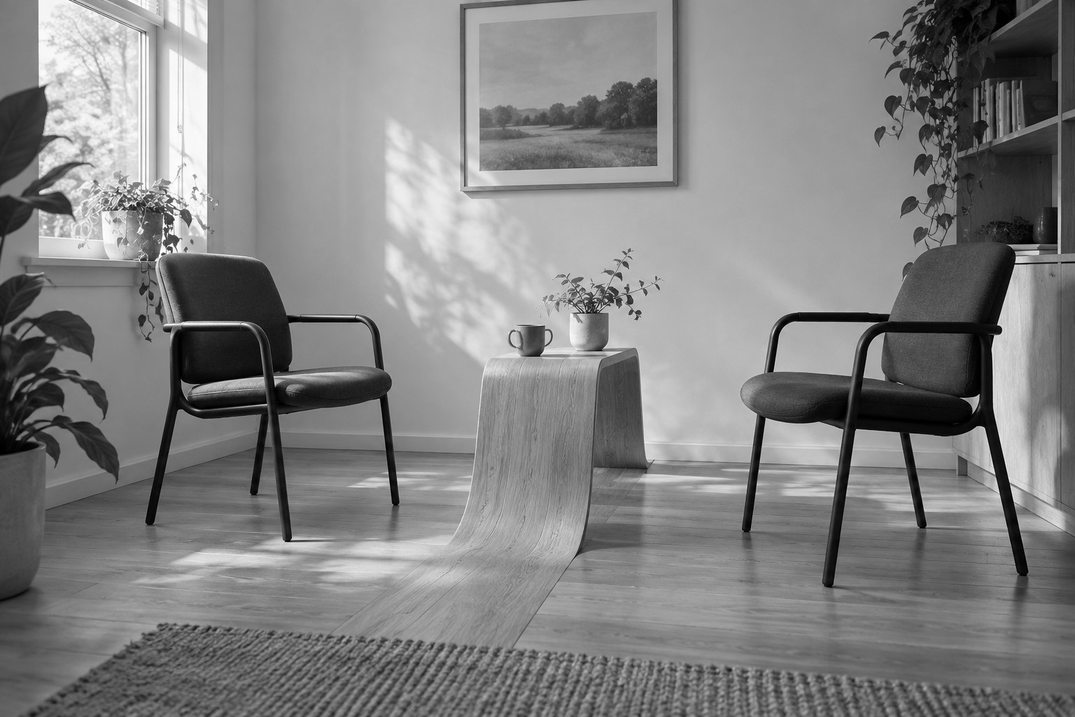 Two chairs face each other as the wooden floor gently unfolds between them into a small shared table.