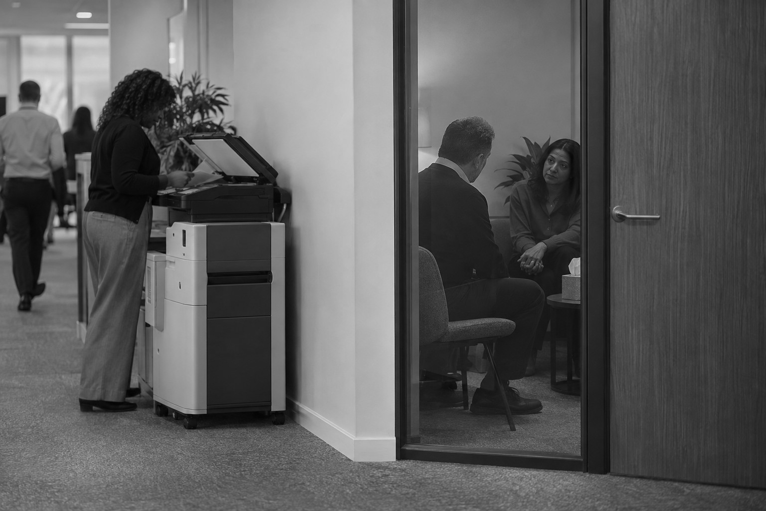 Two adults speak inside a support room whose clear glass panel aligns directly with a busy photocopier in the corridor outside.