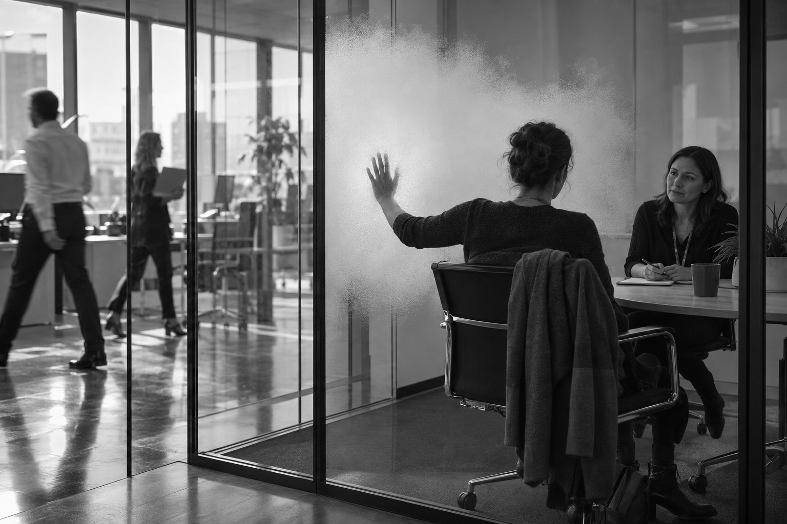 An employee touches the glass wall of a meeting room as frost spreads from her hand, obscuring the office beyond while a support practitioner remains visible beside her.