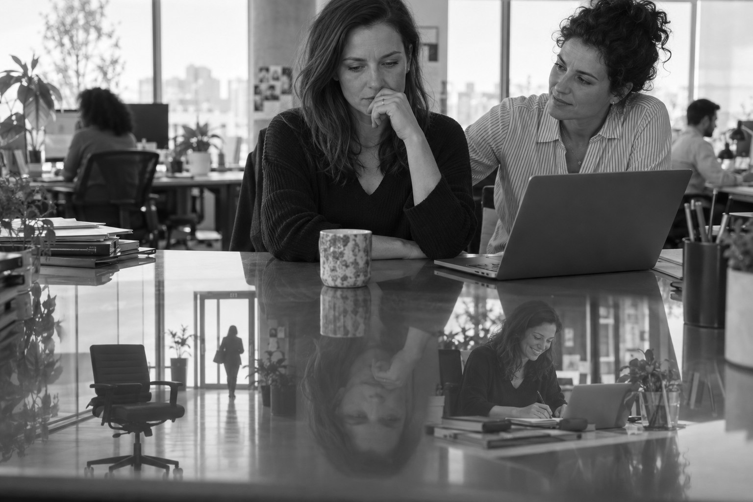A returned employee sits at a reflective desk whose surface shows both an empty chair facing the exit and the same woman absorbed in meaningful work.