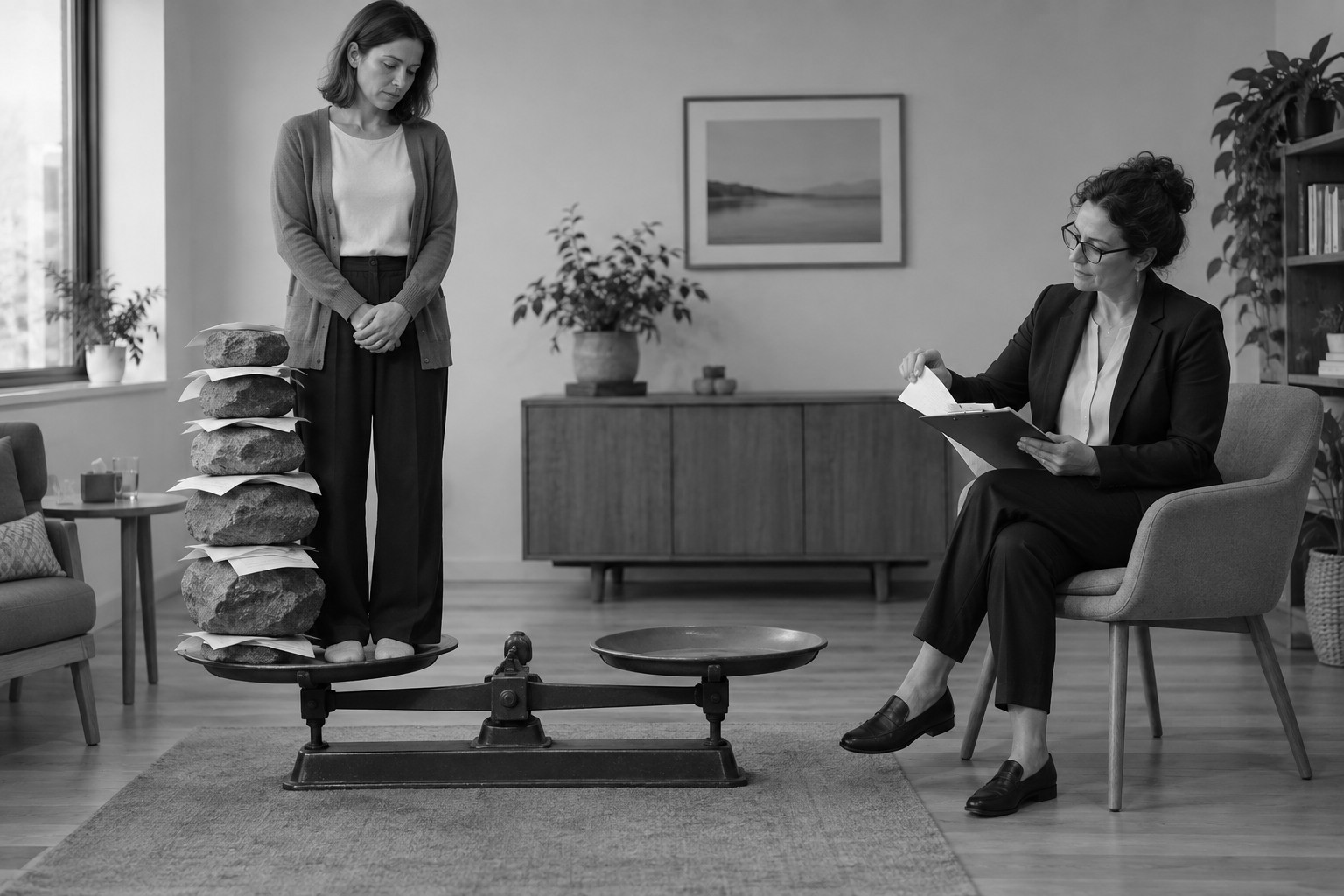A returned employee stands on a balance scale while each page added to an assessor’s clipboard appears as another heavy stone beside her.