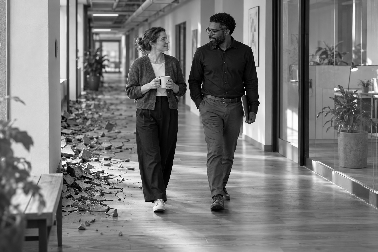 A returned employee walks beside a supportive colleague while the damaged office floor becomes solid beneath and just ahead of their paired steps.