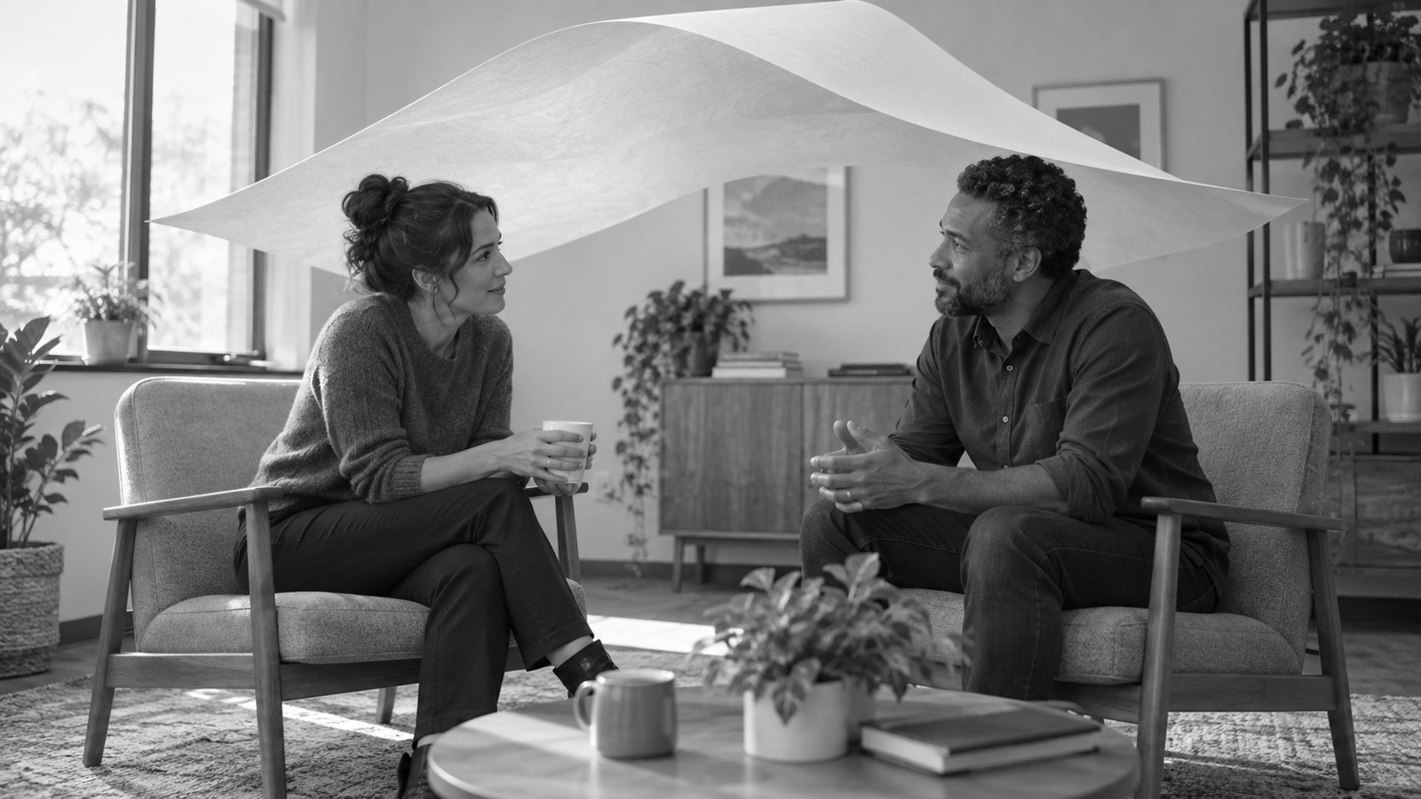 Two people begin a conversation beneath a sheet of paper that has unfolded into a gentle canopy over their chairs.