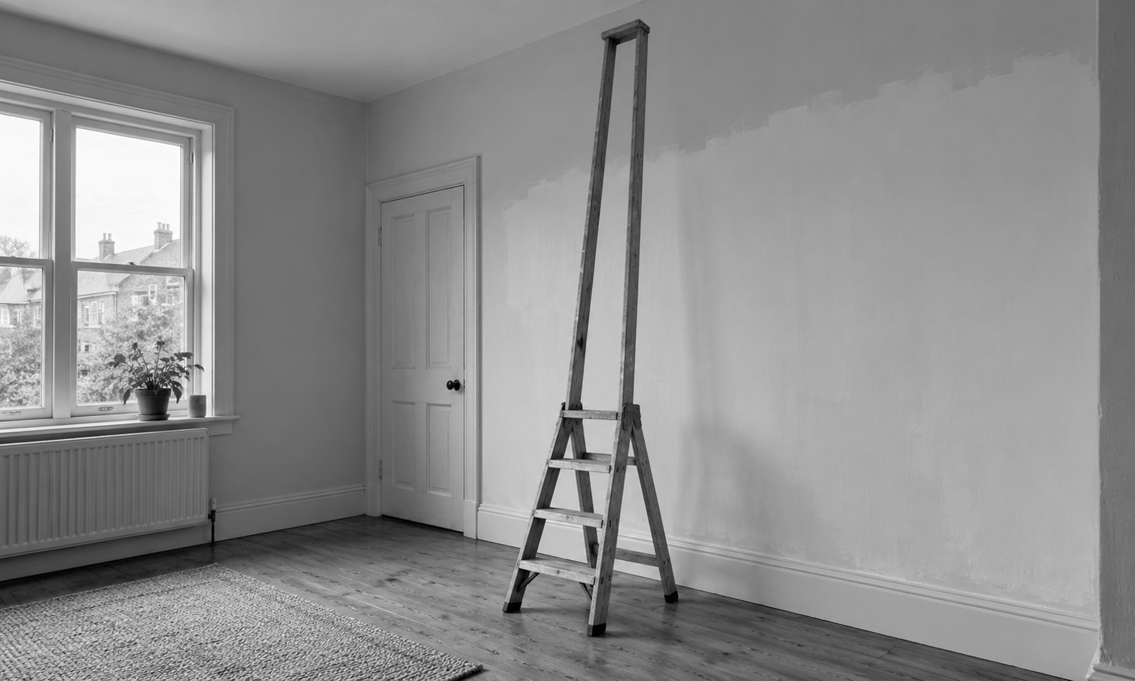 A wooden stepladder stands in a room with its final rung far above the normal lower steps.
