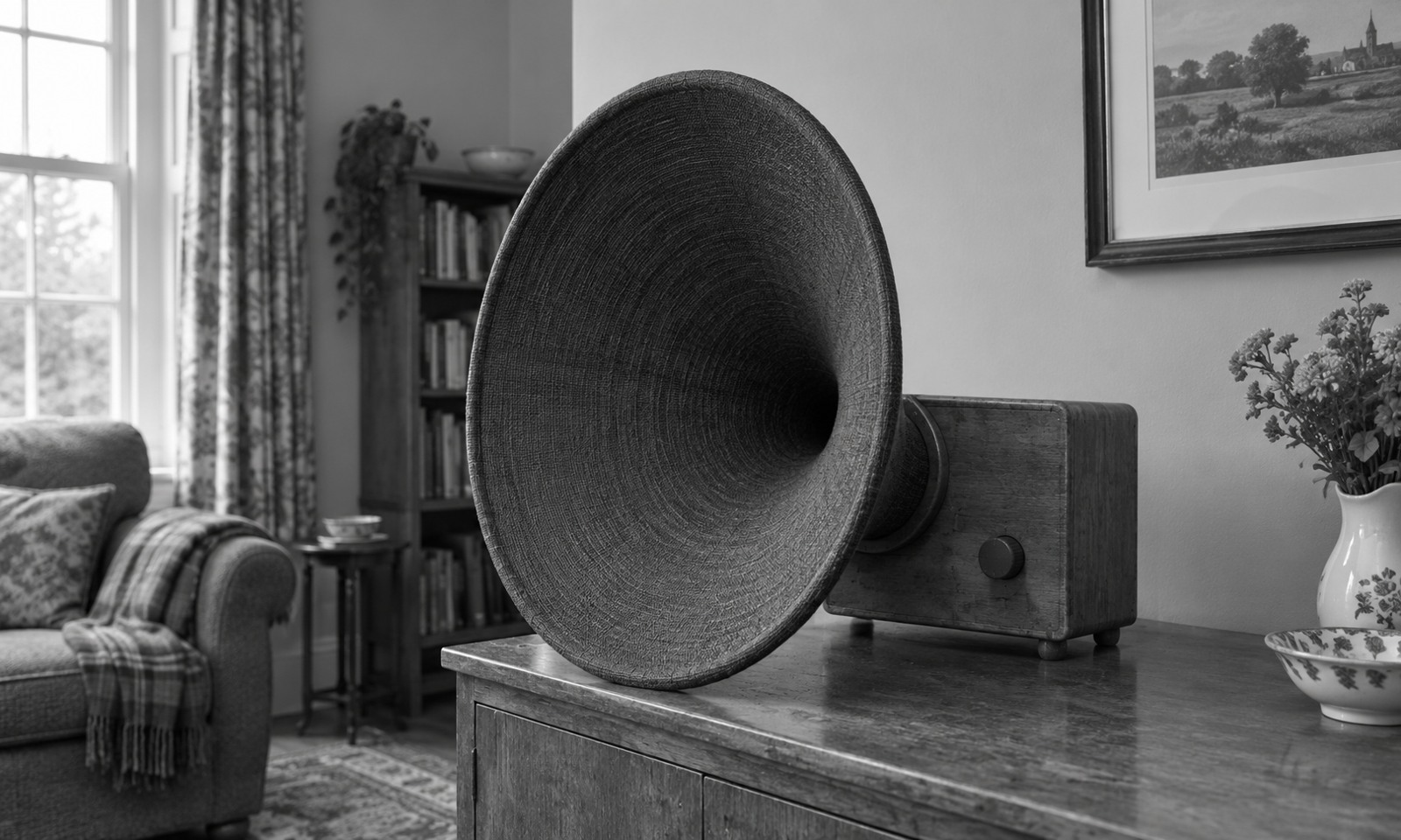 A small wooden radio on a sideboard has a very large woven speaker cone projecting from its front.