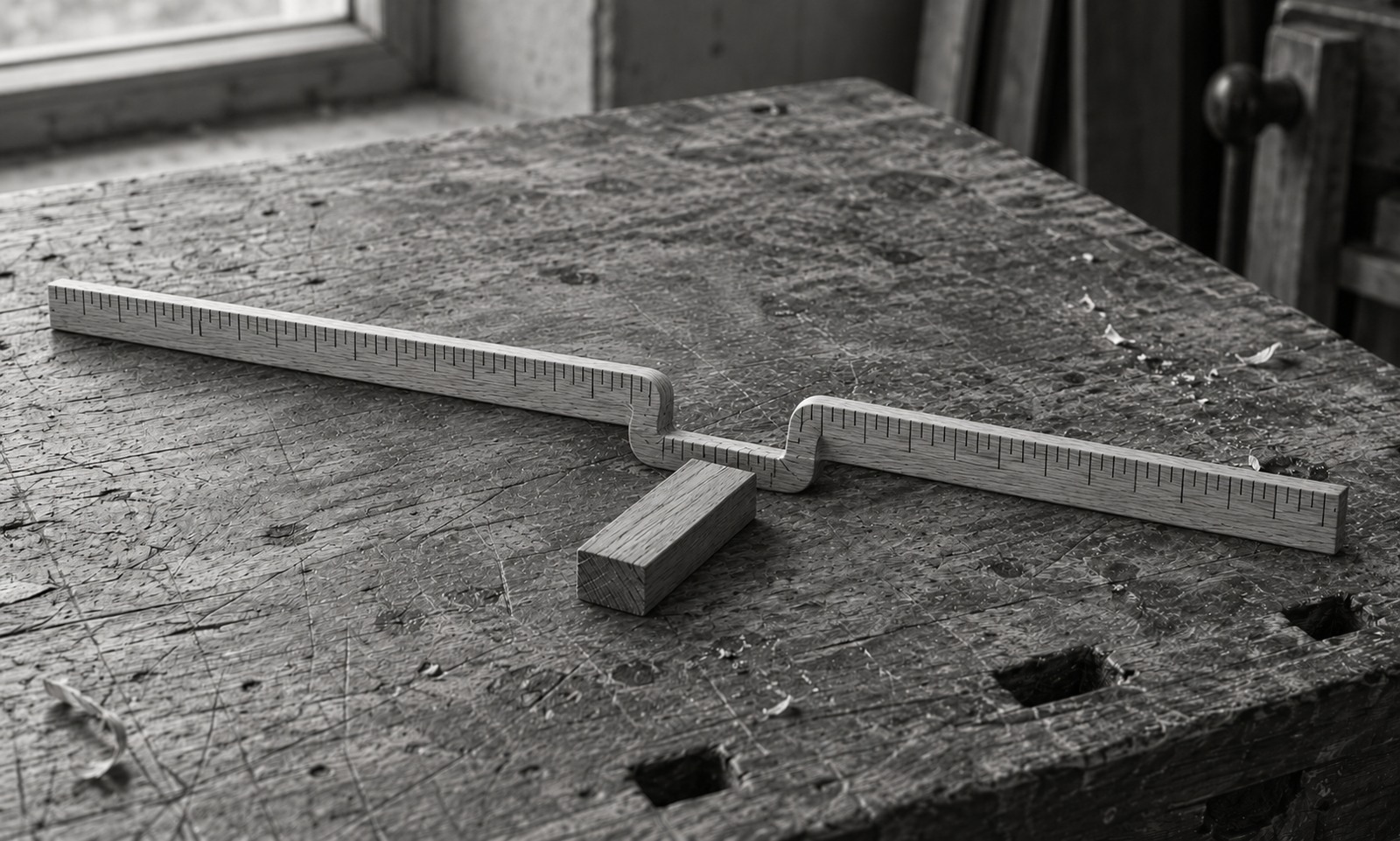 A wooden ruler with tick marks bends around an angular recess, with a small wood offcut lying in front.