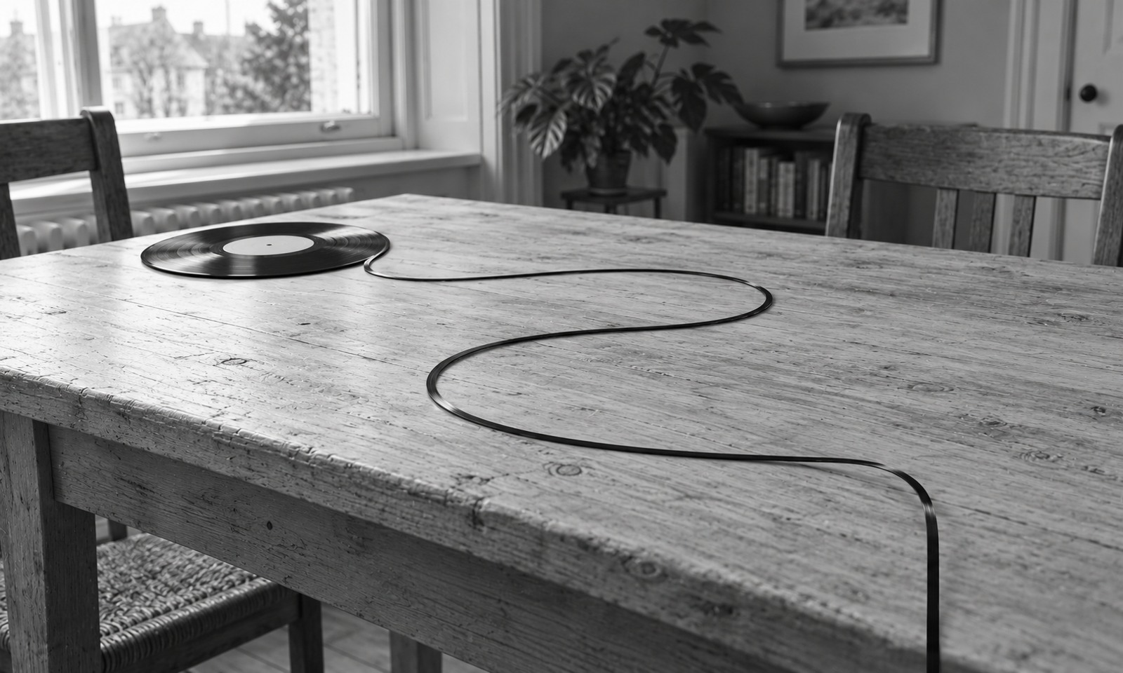A small vinyl record unspools into a long black strand that loops across a wooden table and hangs over the edge.