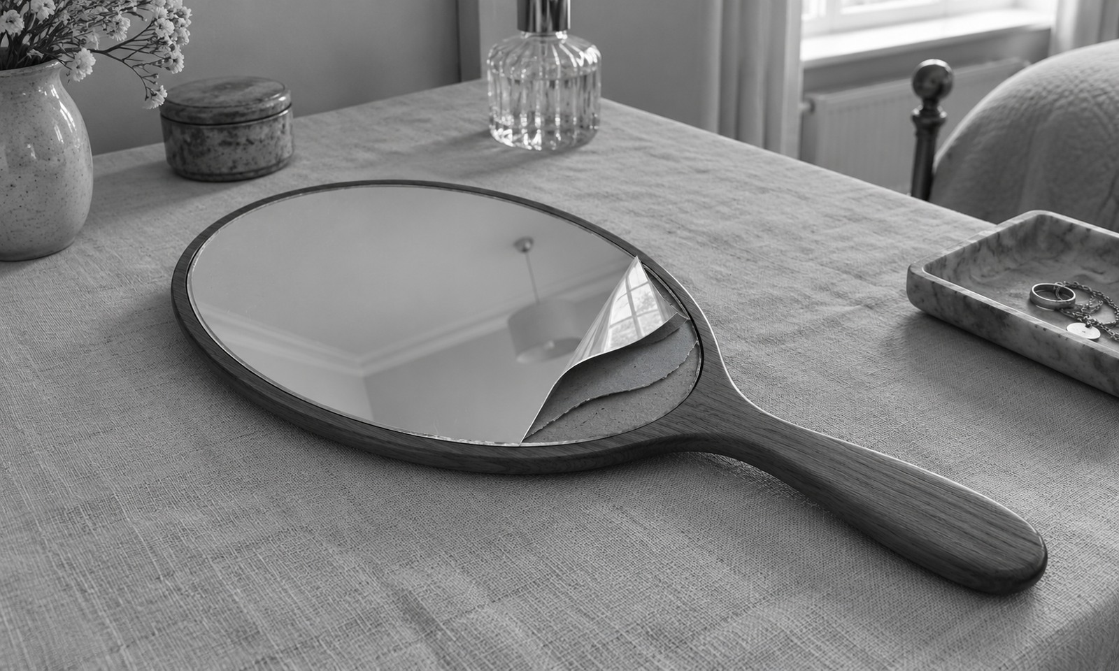 The surface of an oval hand mirror curls upward at one corner, revealing grey paper layers beneath.