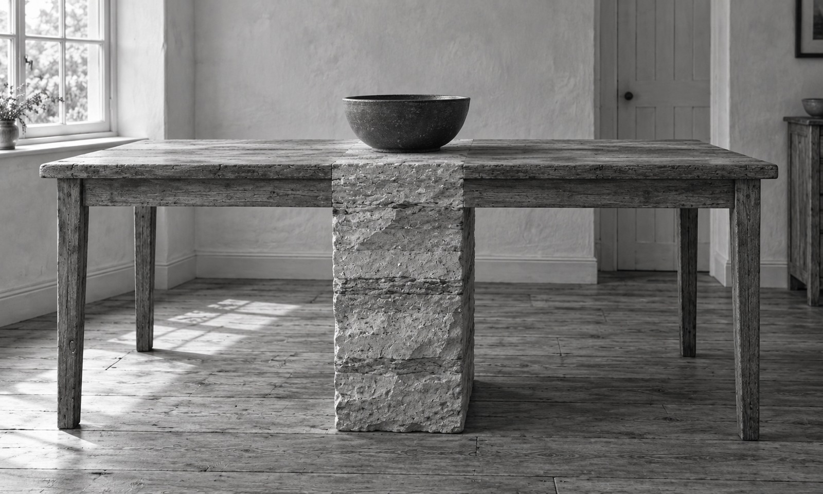 A dark ceramic bowl rests above a rough stone pillar that runs through a wooden table to the floor.