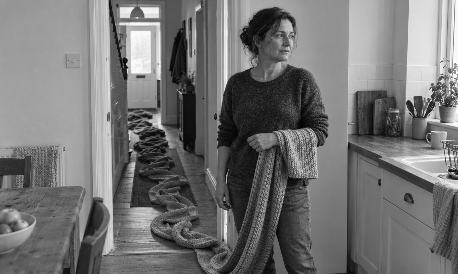 A woman in a kitchen doorway holds the end of a long knitted scarf lying in soft folds along the hallway.