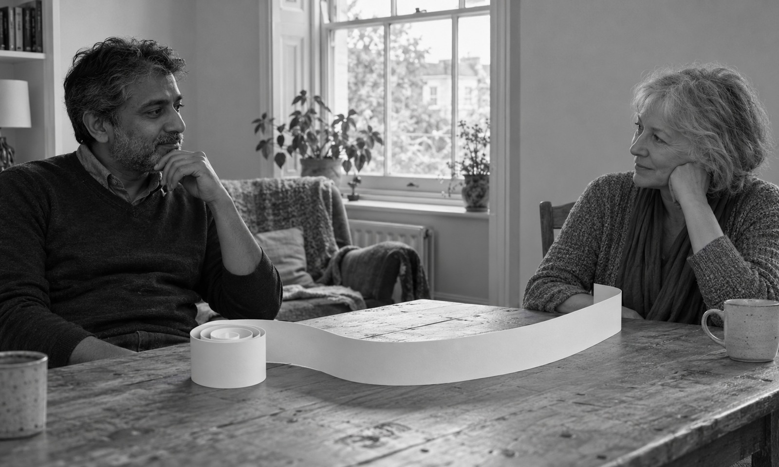 Two adults sit quietly at a wooden table while a strip of blank paper opens from a tight coil into a loose curve.