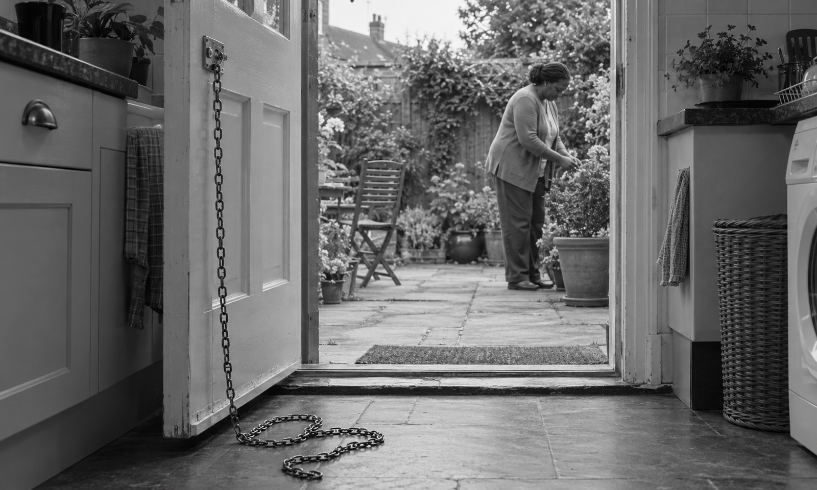 An open kitchen door, its long chain lying loose on the floor, leads to a woman tending pots in a small garden.