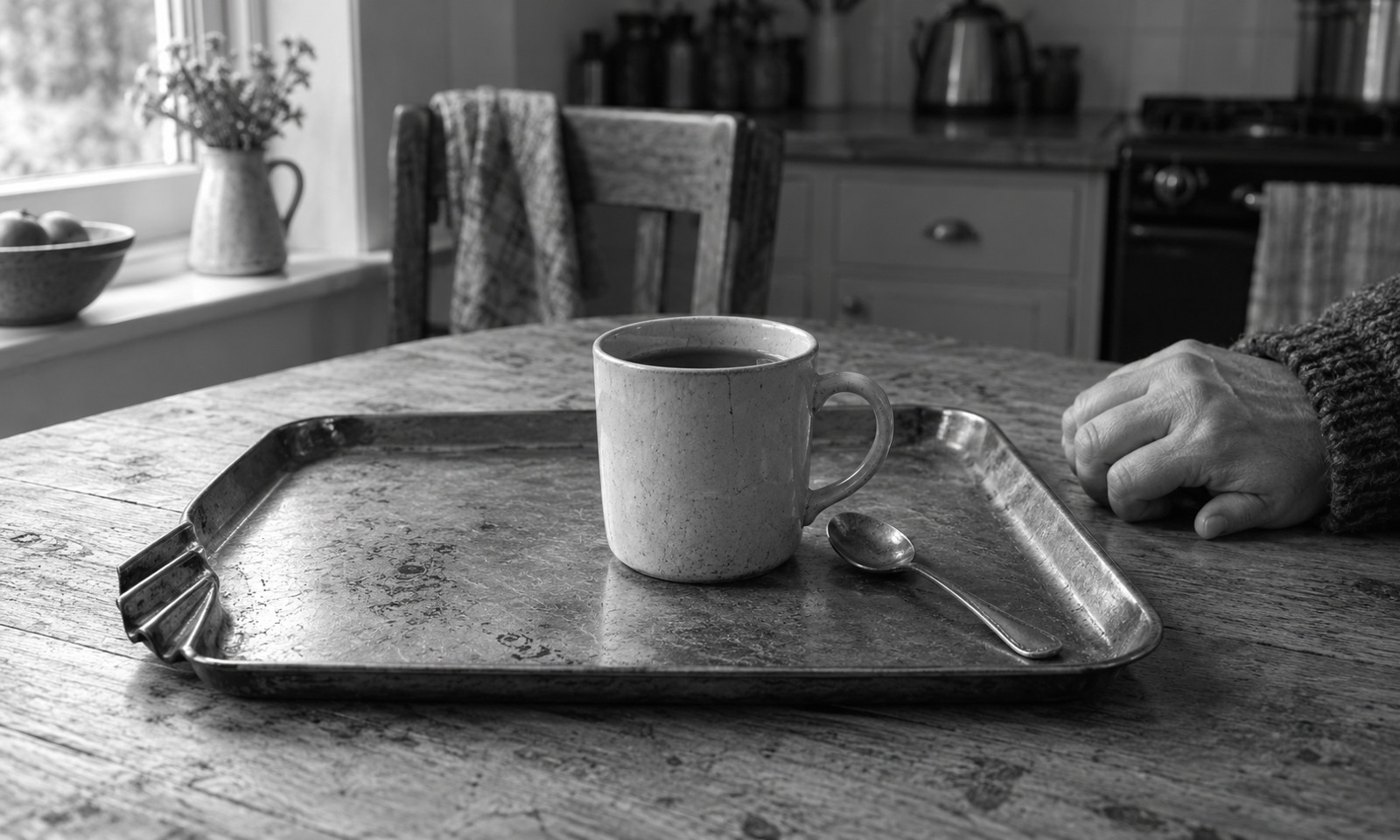 A plain cup stands on an old metal tray, with one corner folded into a small pleat.