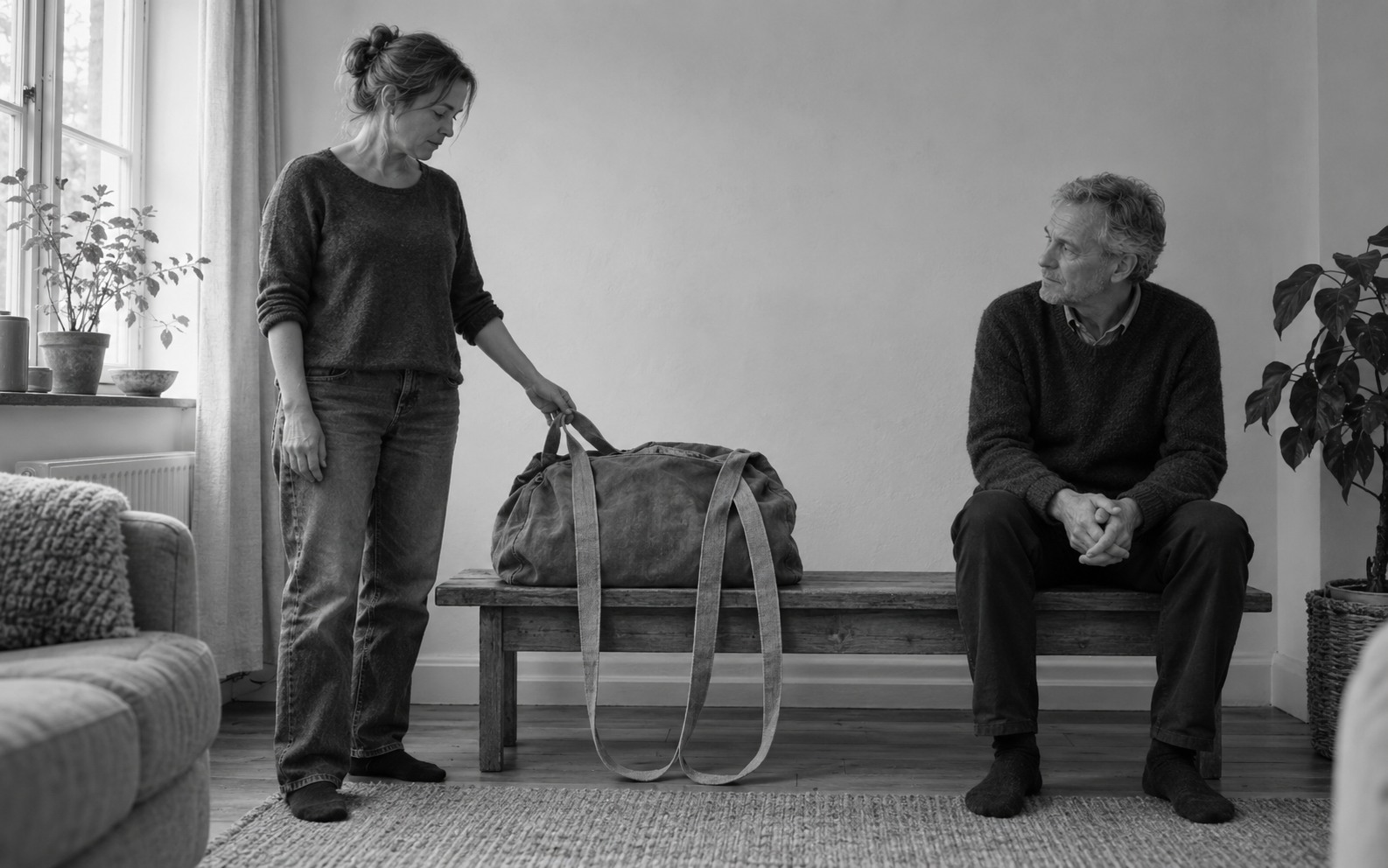A woman stands beside a canvas bag on a wooden bench, its long straps falling in loose loops, while a man sits nearby.